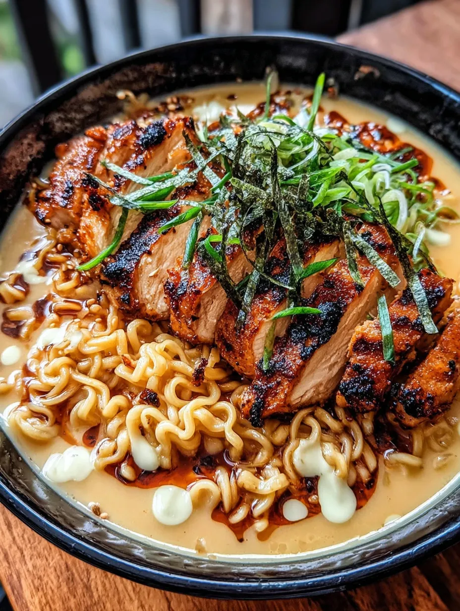 A bowl of ramen with chicken and noodles.