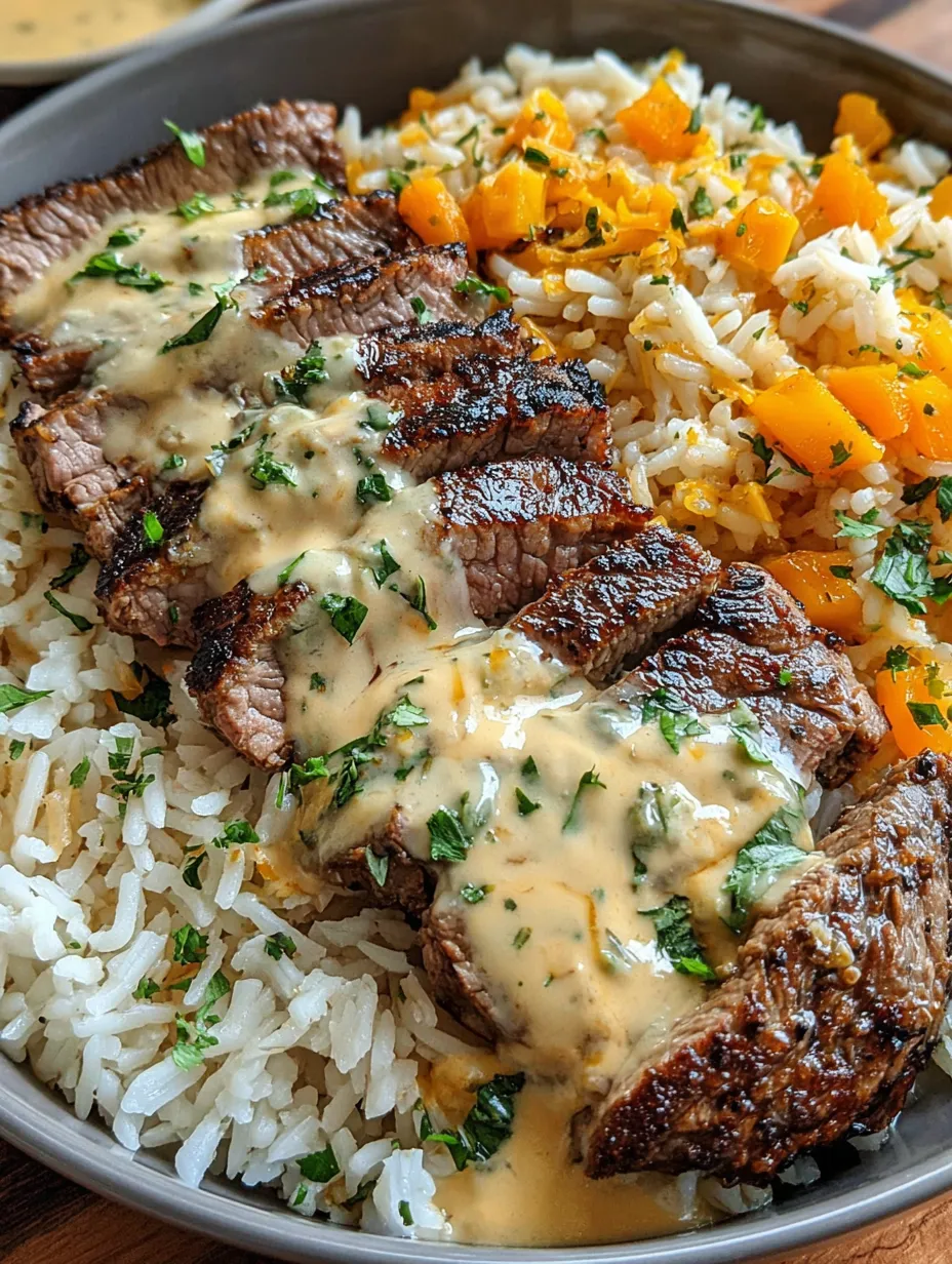 A plate of food with rice and steak.