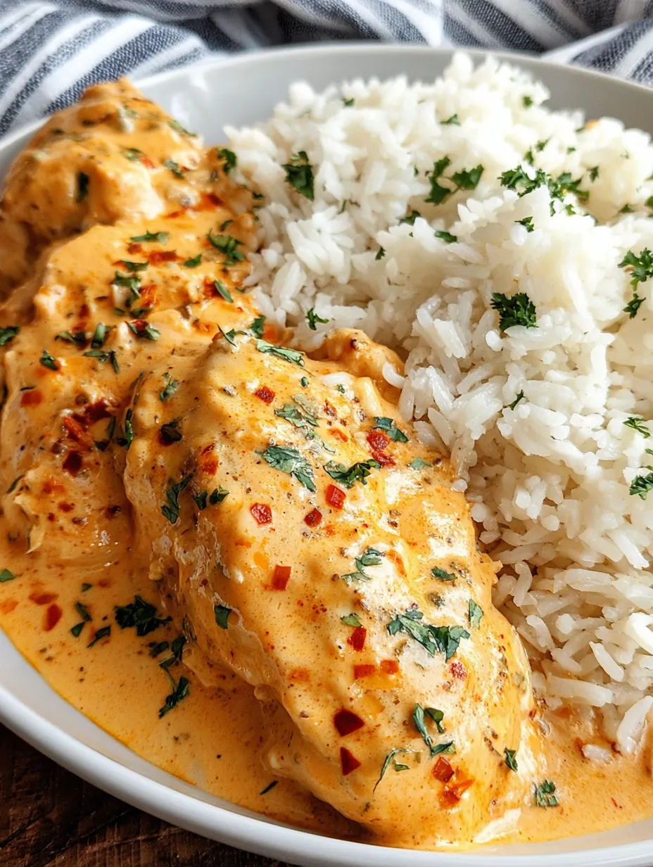 A plate of creamy smothered chicken and rice.