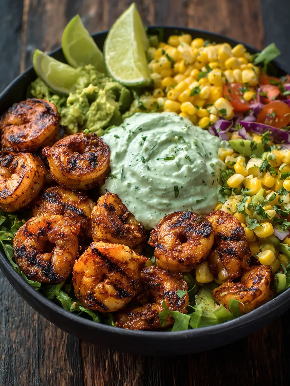 A bowl of food with shrimp, corn salsa, avocado, and creamy sauce.