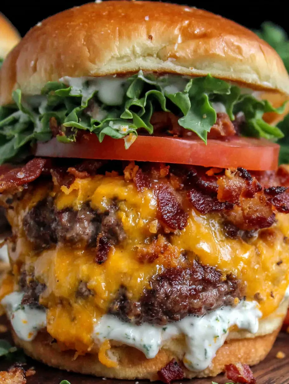 A close up of a bacon cheeseburger with lettuce and tomato.