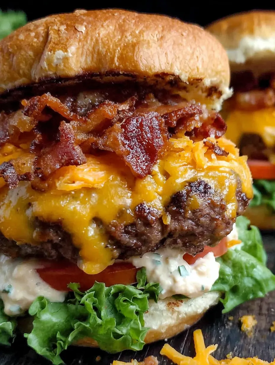 A close up of a bacon cheeseburger.