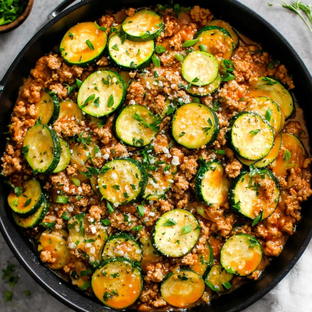 A skillet full of ground turkey and zucchini.