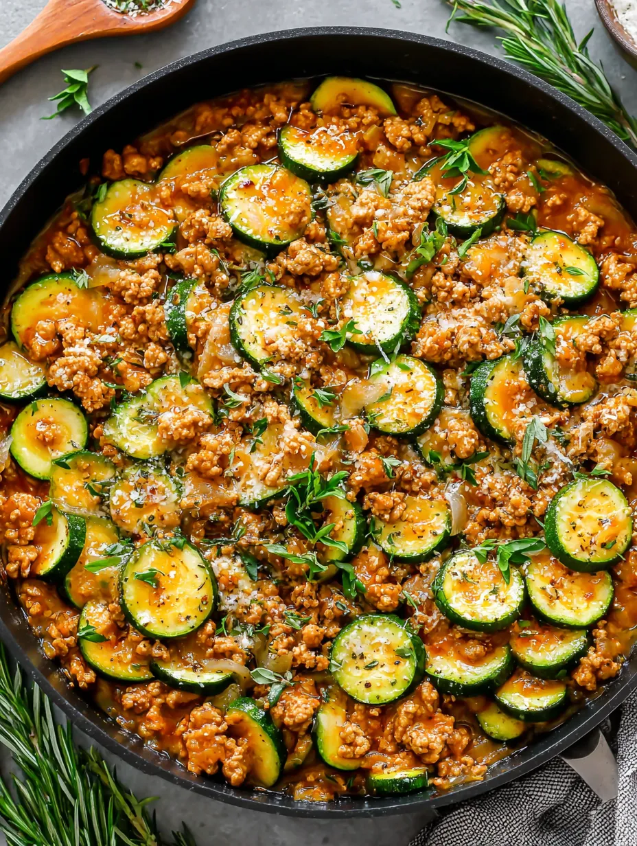 A skillet filled with ground turkey and zucchini.