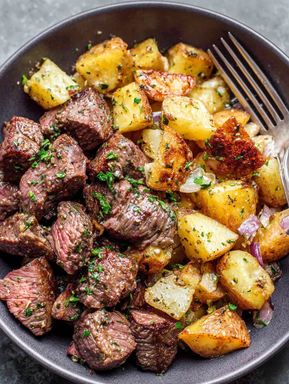 A plate of garlic butter steak bites and potatoes.
