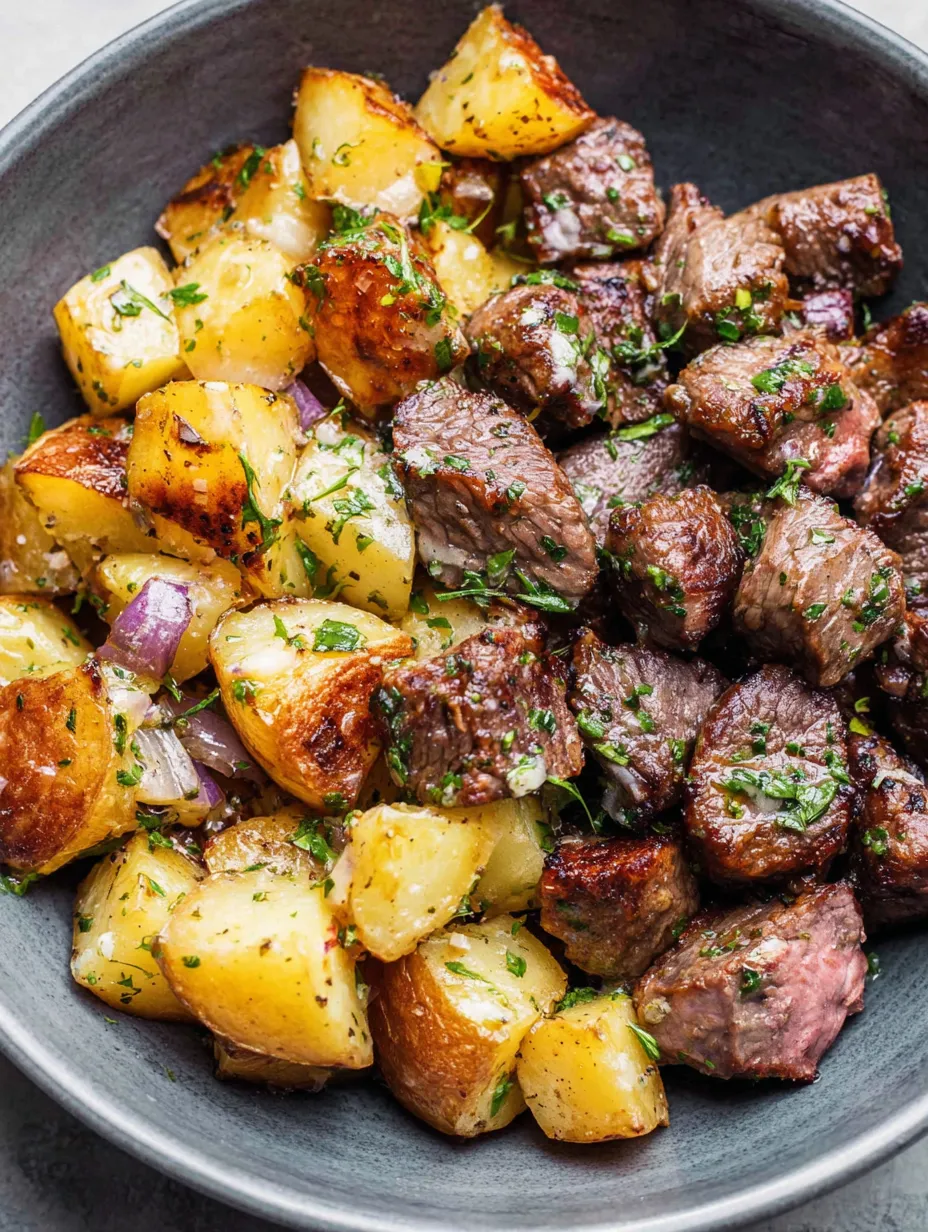 A plate of steak bites and potatoes.