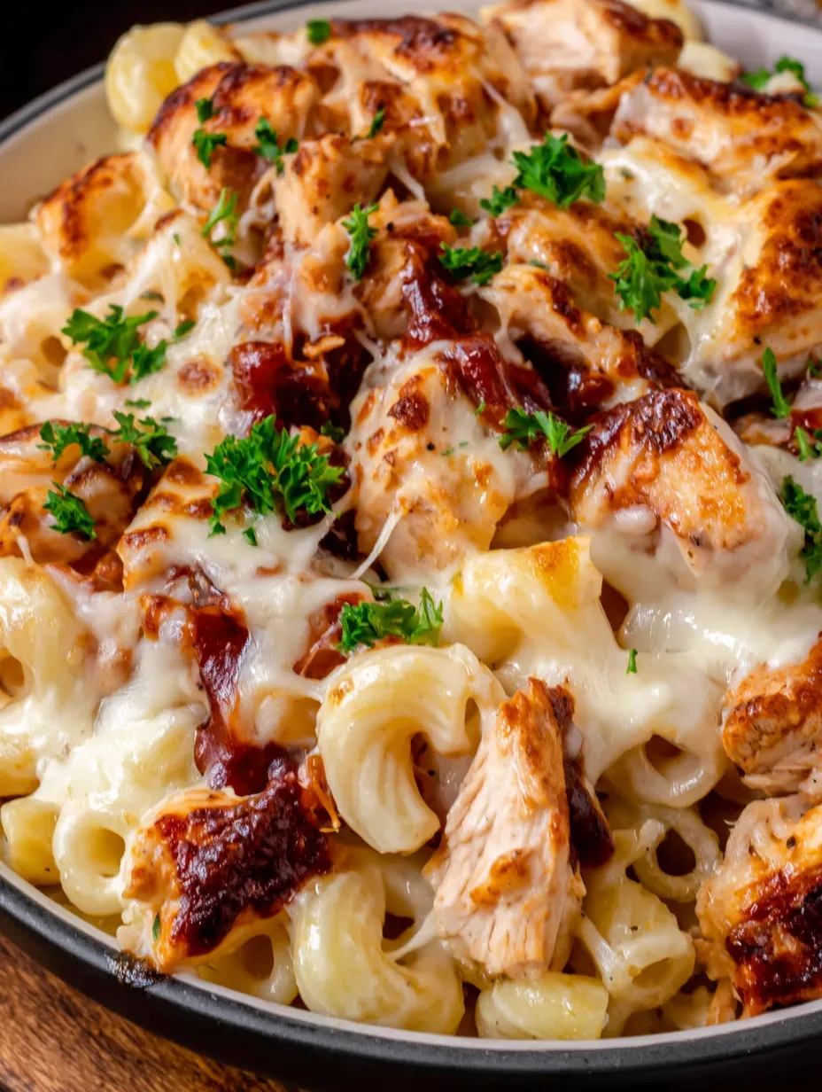 A delicious BBQ chicken mac and cheese dish.