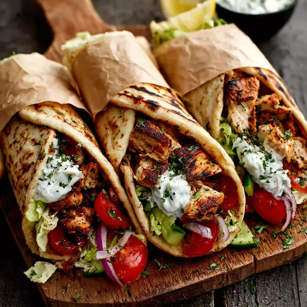 Three gyro wraps with chicken and vegetables.