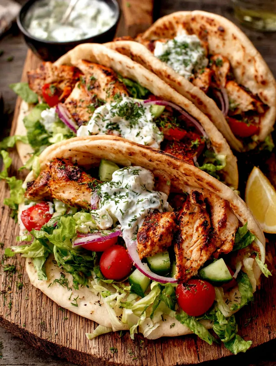 A Greek chicken gyro with lettuce, tomatoes, and cucumbers.