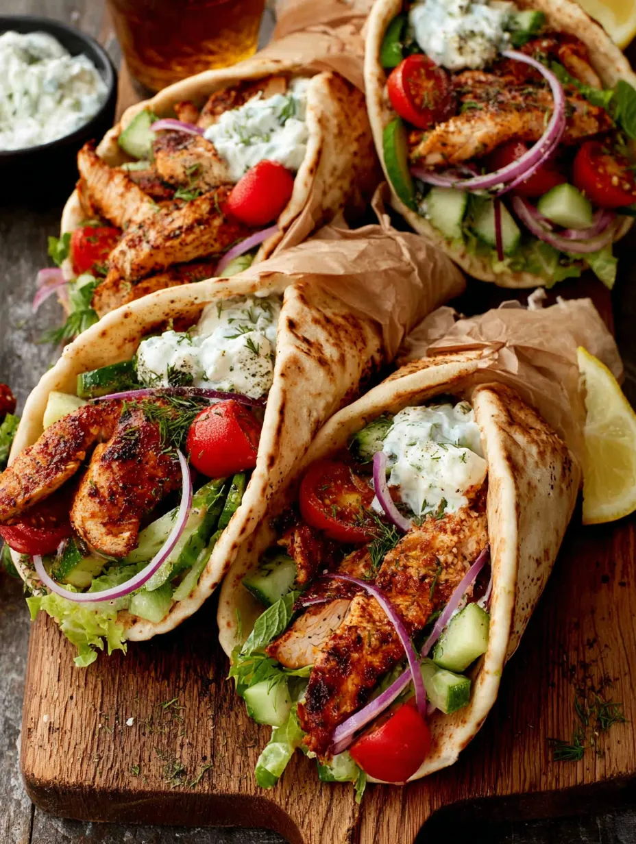 A plate of Greek chicken gyros with tomatoes, cucumbers, and lemon wedges.