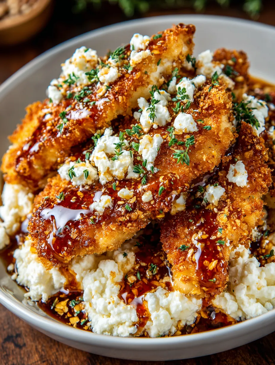A bowl of crispy hot honey feta chicken.
