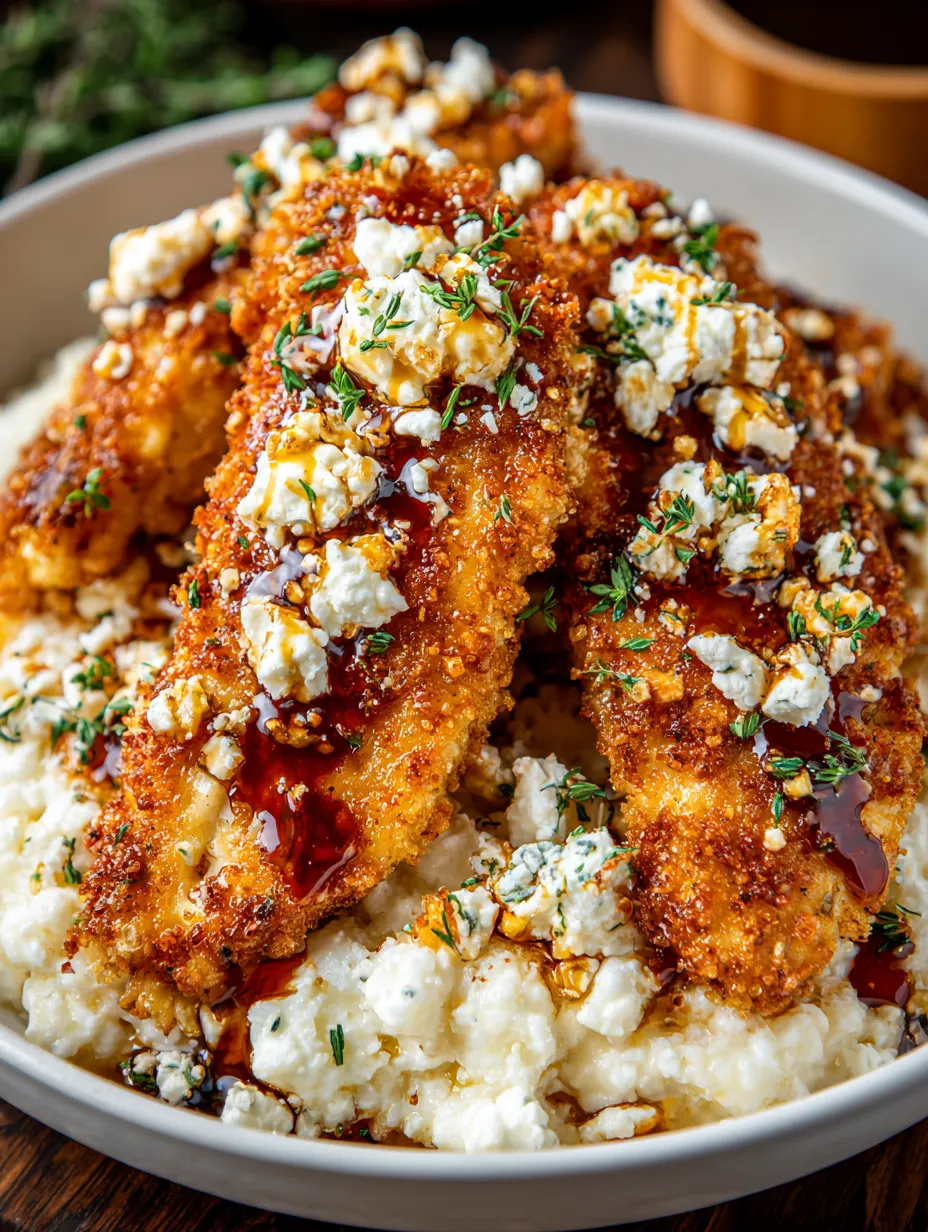 A plate of crispy hot honey feta chicken.
