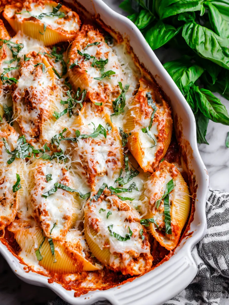 A dish of stuffed shells with cheese and spinach.