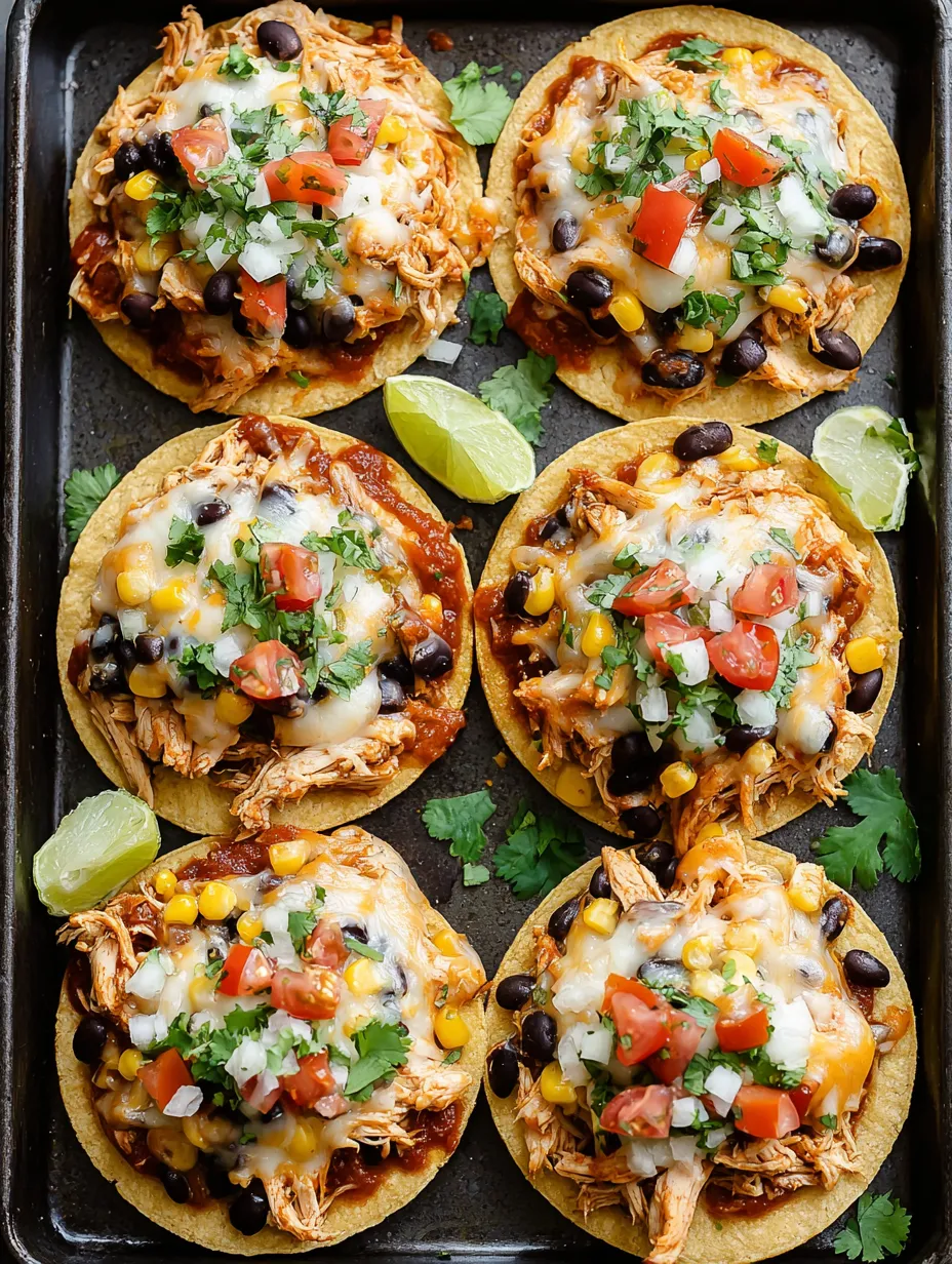 A pan of Mexican Rotisserie Chicken Tostadas.