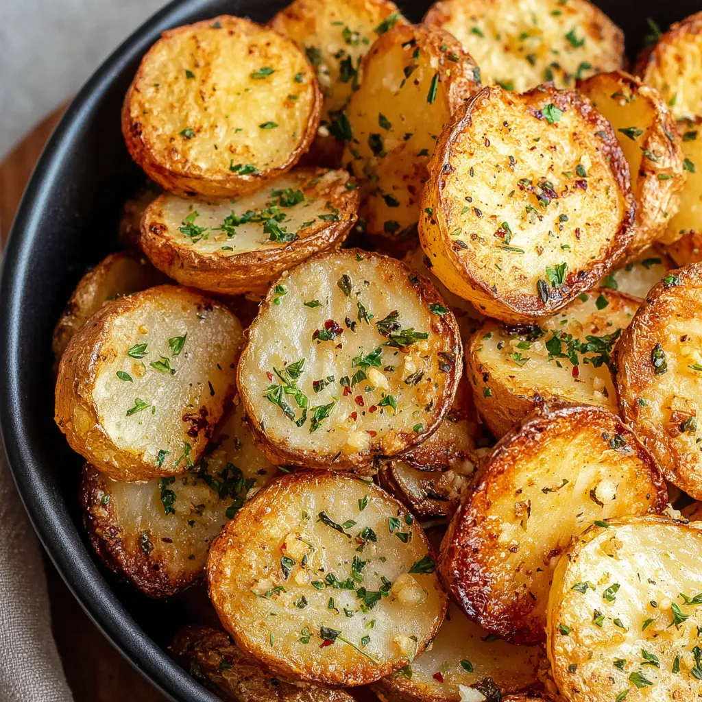 A bowl of sliced potatoes with herbs.