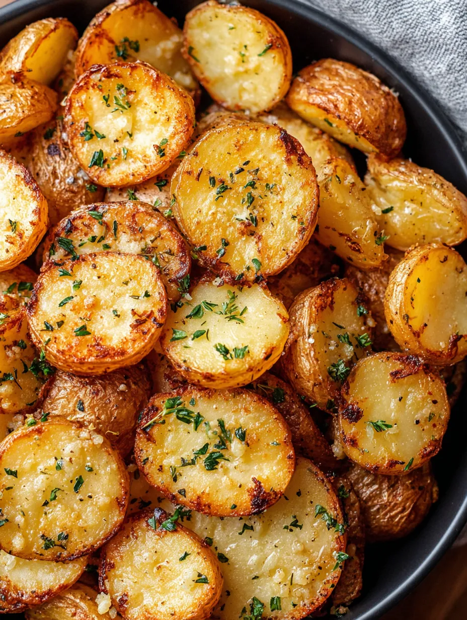A bowl of sliced potatoes with herbs on top.