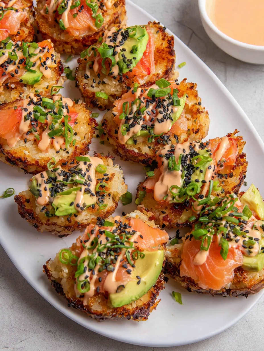A plate of salmon crispy rice.