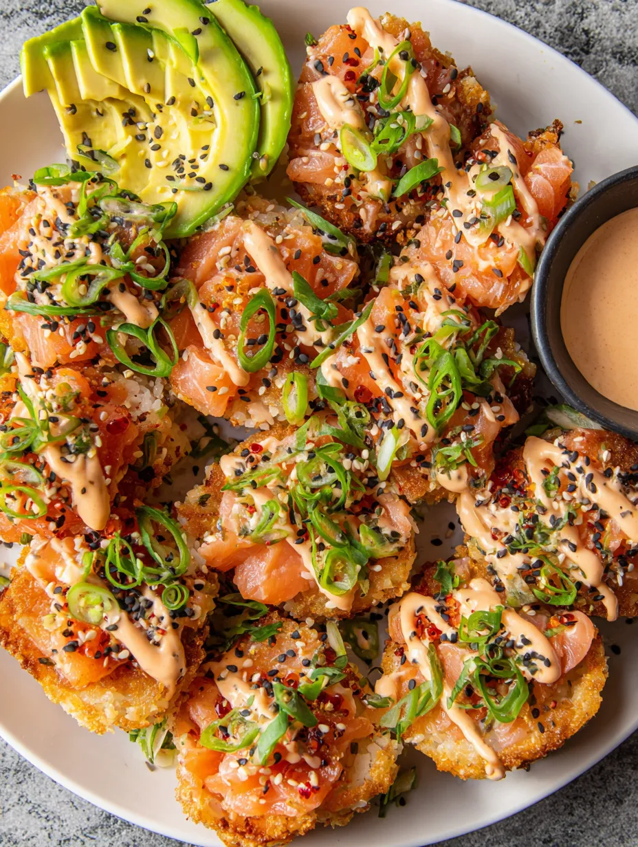 A plate of salmon crispy rice with a dipping sauce.