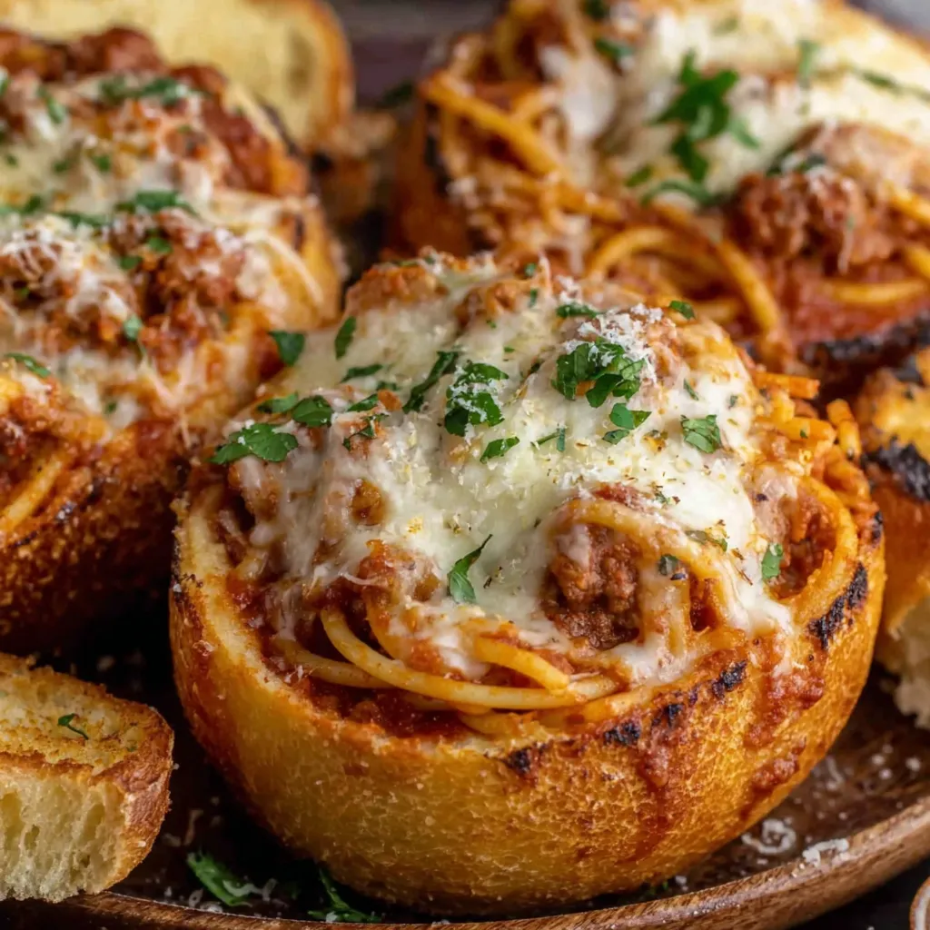 A plate of garlic bread bowls with spaghetti inside.