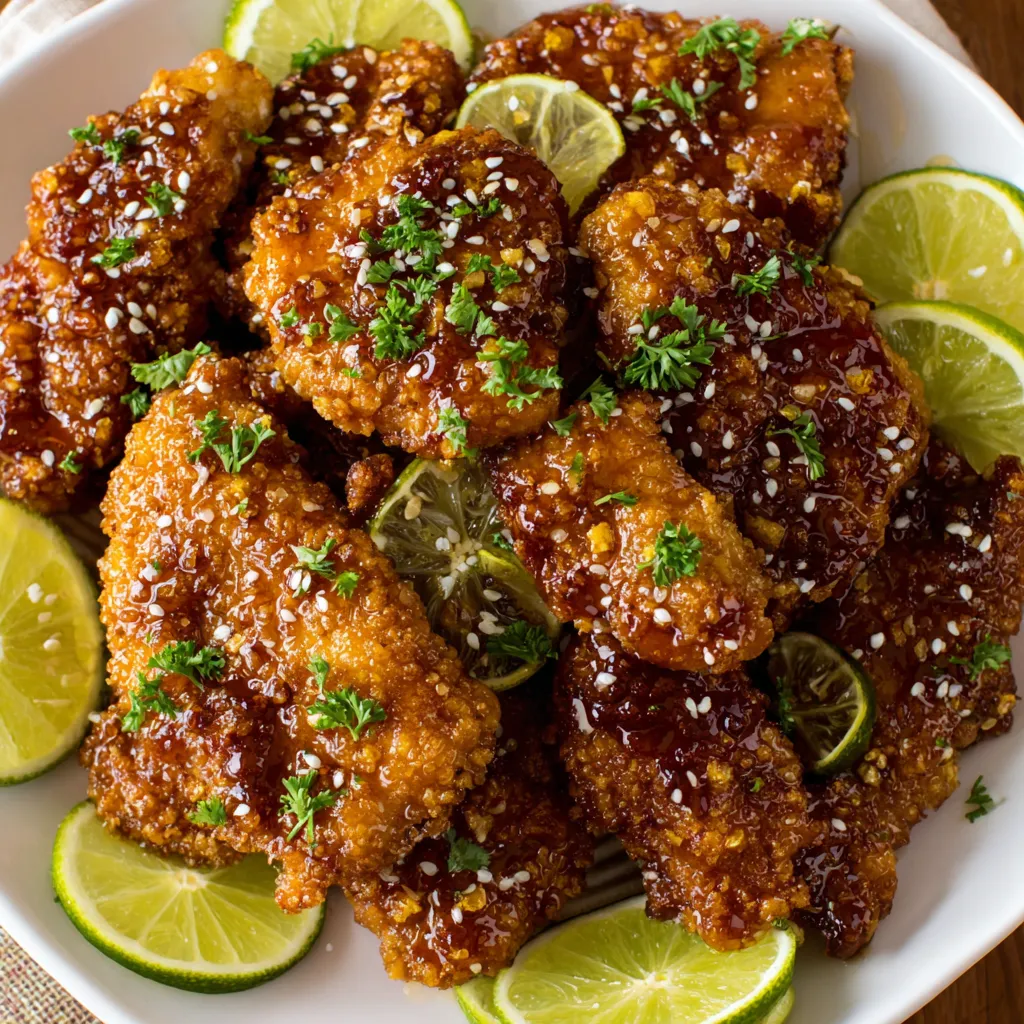 A plate of baked crunchy hot honey chicken.