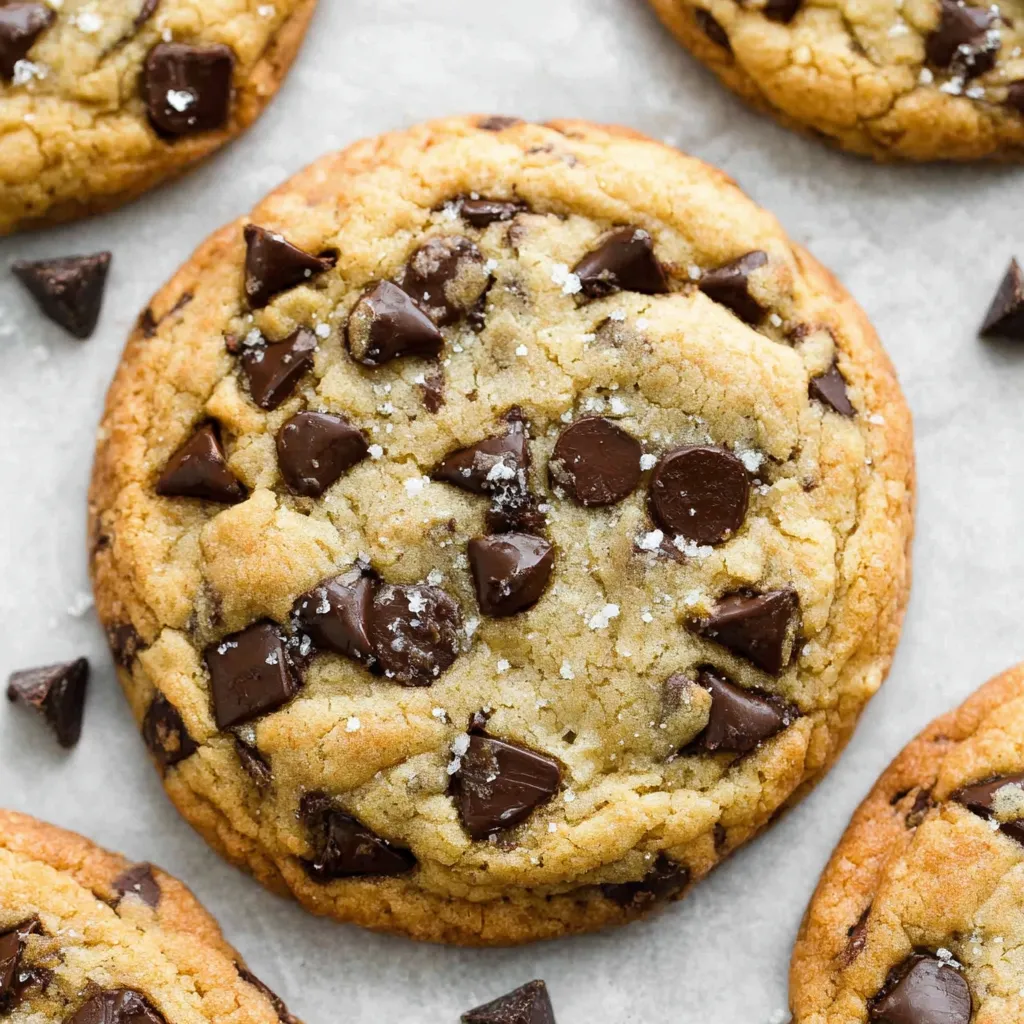 A close up of a chocolate chip cookie.