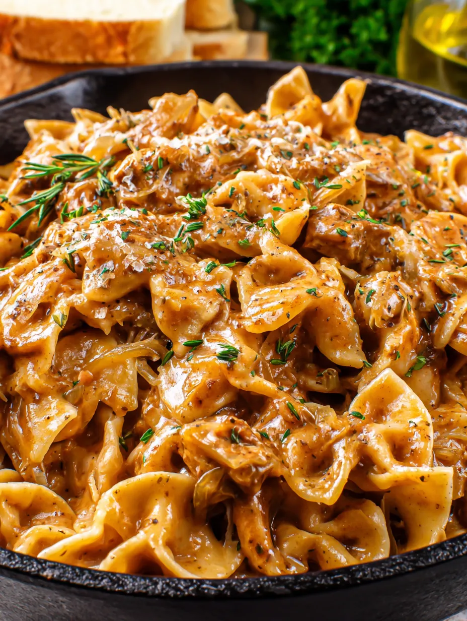 French onion pasta with cheese and herbs.