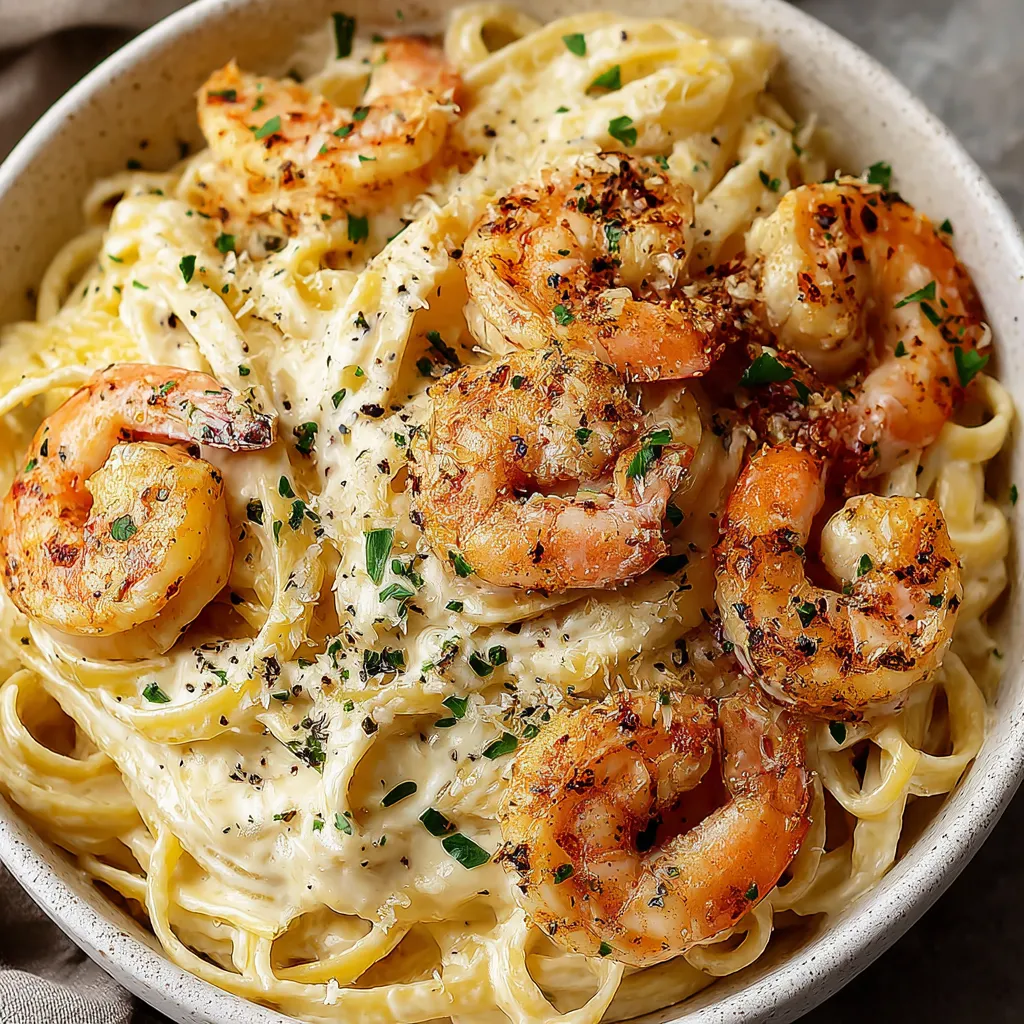 A bowl of creamy garlic shrimp pasta.
