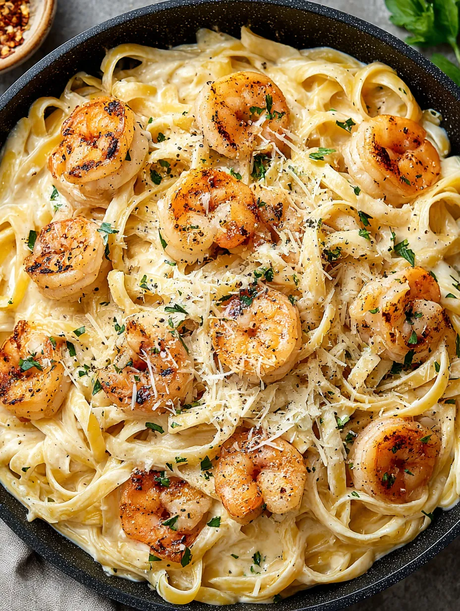 A bowl of creamy garlic shrimp pasta.