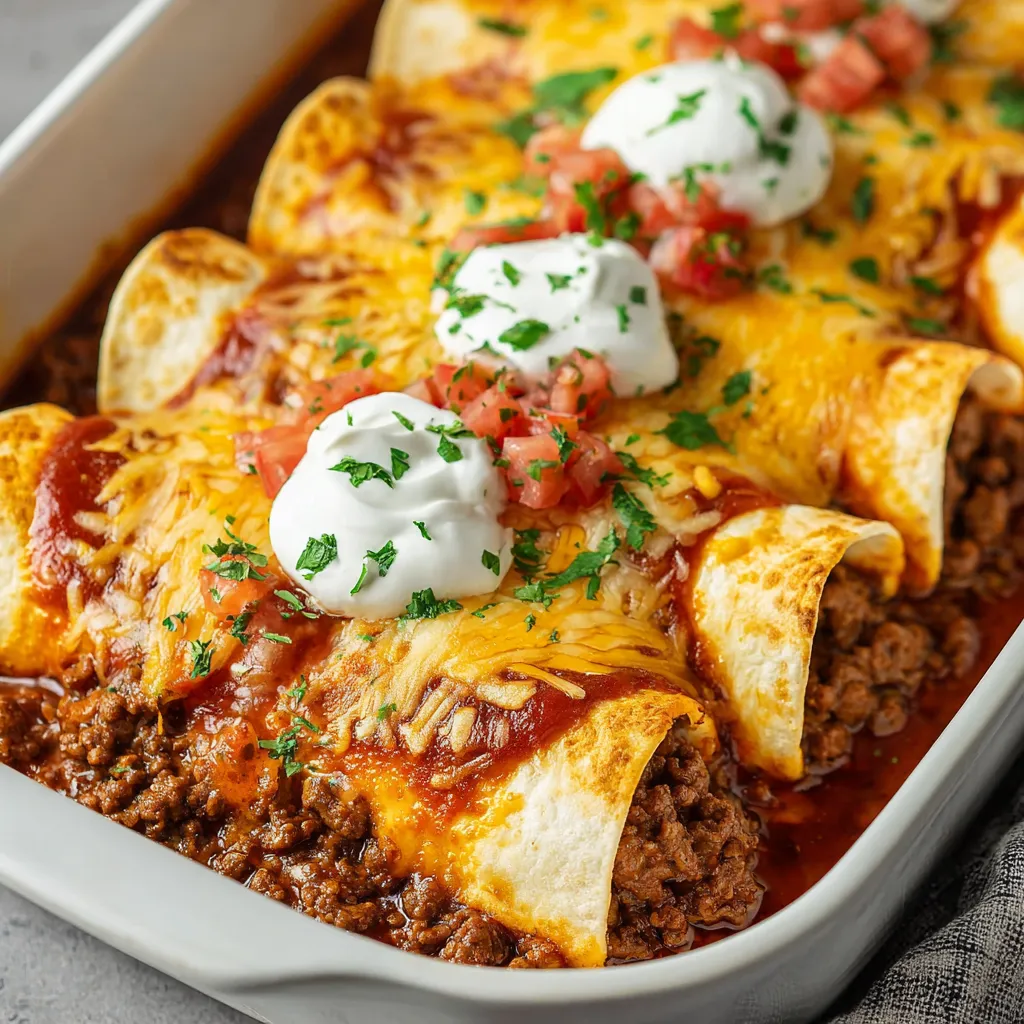 A dish of ground beef enchiladas.