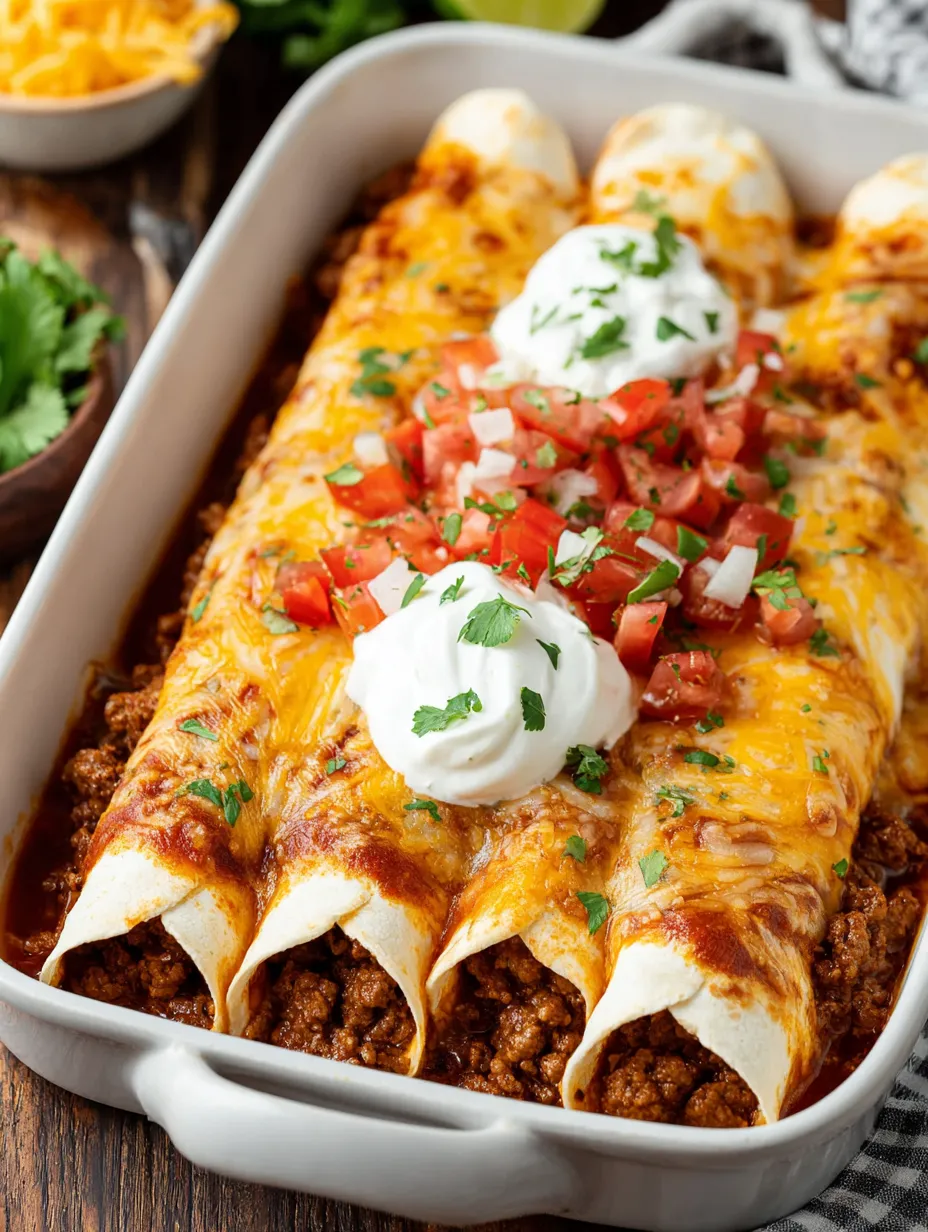 A dish of ground beef enchiladas.