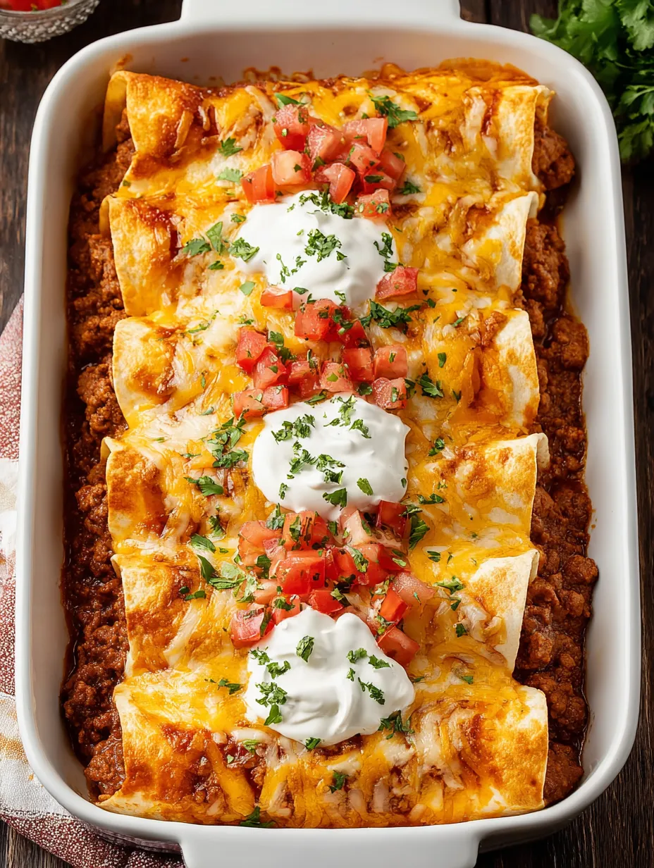 A dish of ground beef enchiladas.