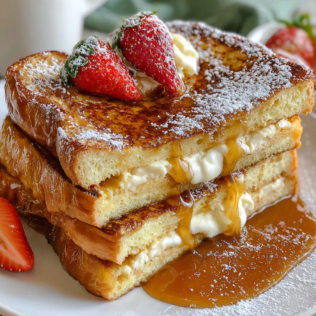 A stack of French toast with strawberries and whipped cream.
