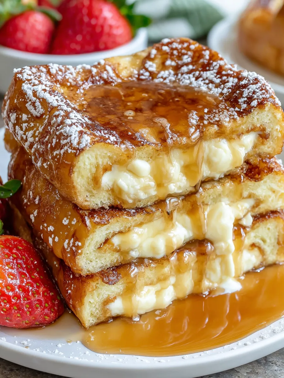 A stack of French toast with powdered sugar and strawberries.
