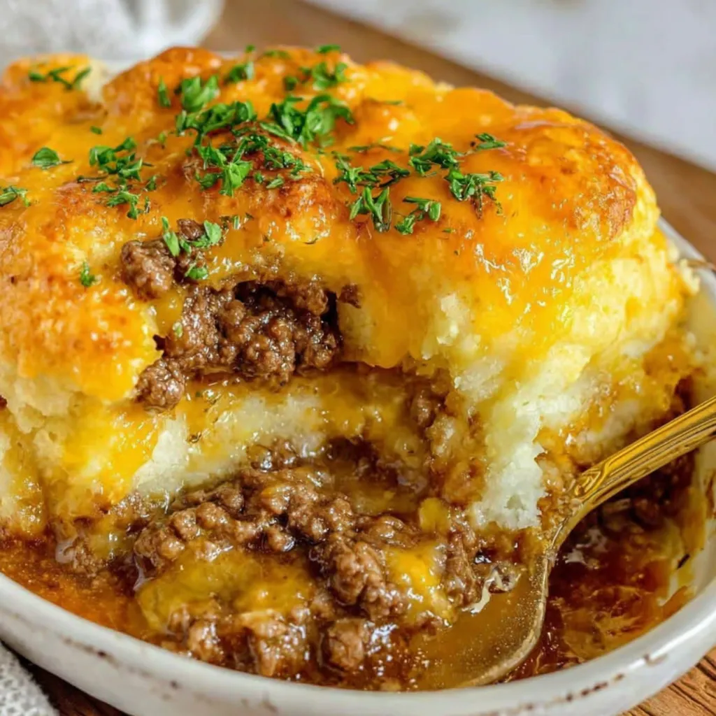 A bowl of cheddar bay ground beef cobbler.