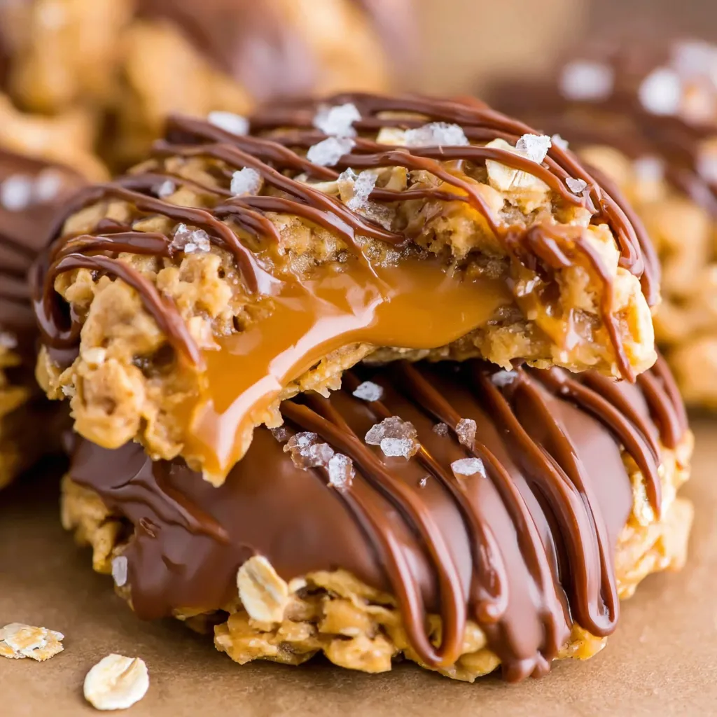 A close up of a chocolate caramel cookie with peanut butter and chocolate drizzled on top.