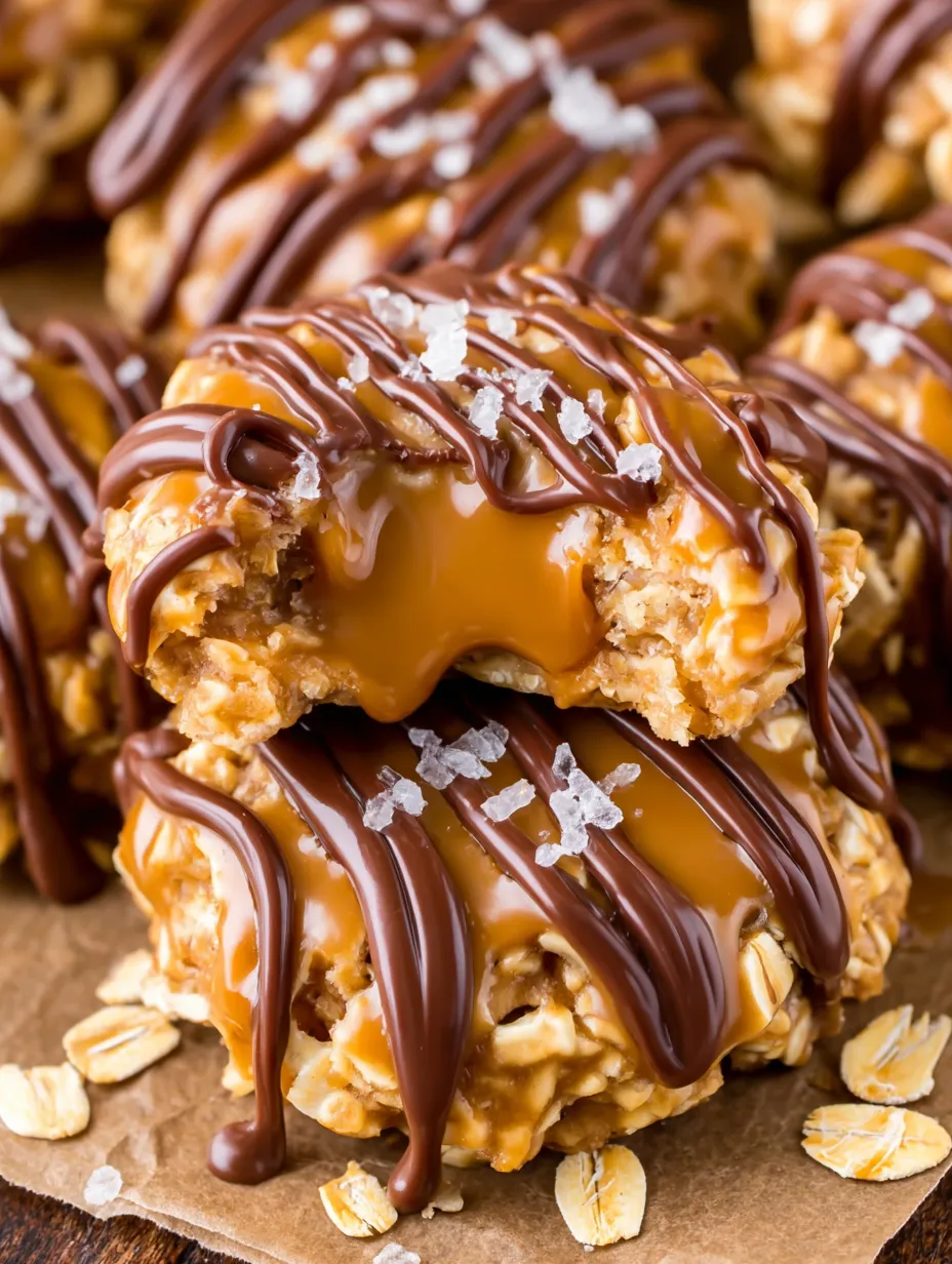 A close up of a chocolate caramel cookie.