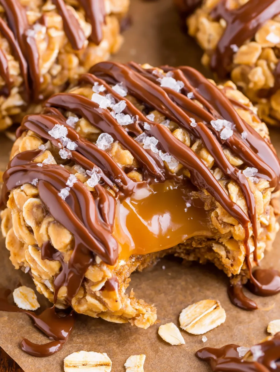 A close up of a chocolate caramel cookie with peanut butter and nuts.