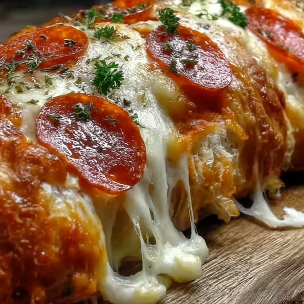 A slice of cheesy pepperoni stromboli.
