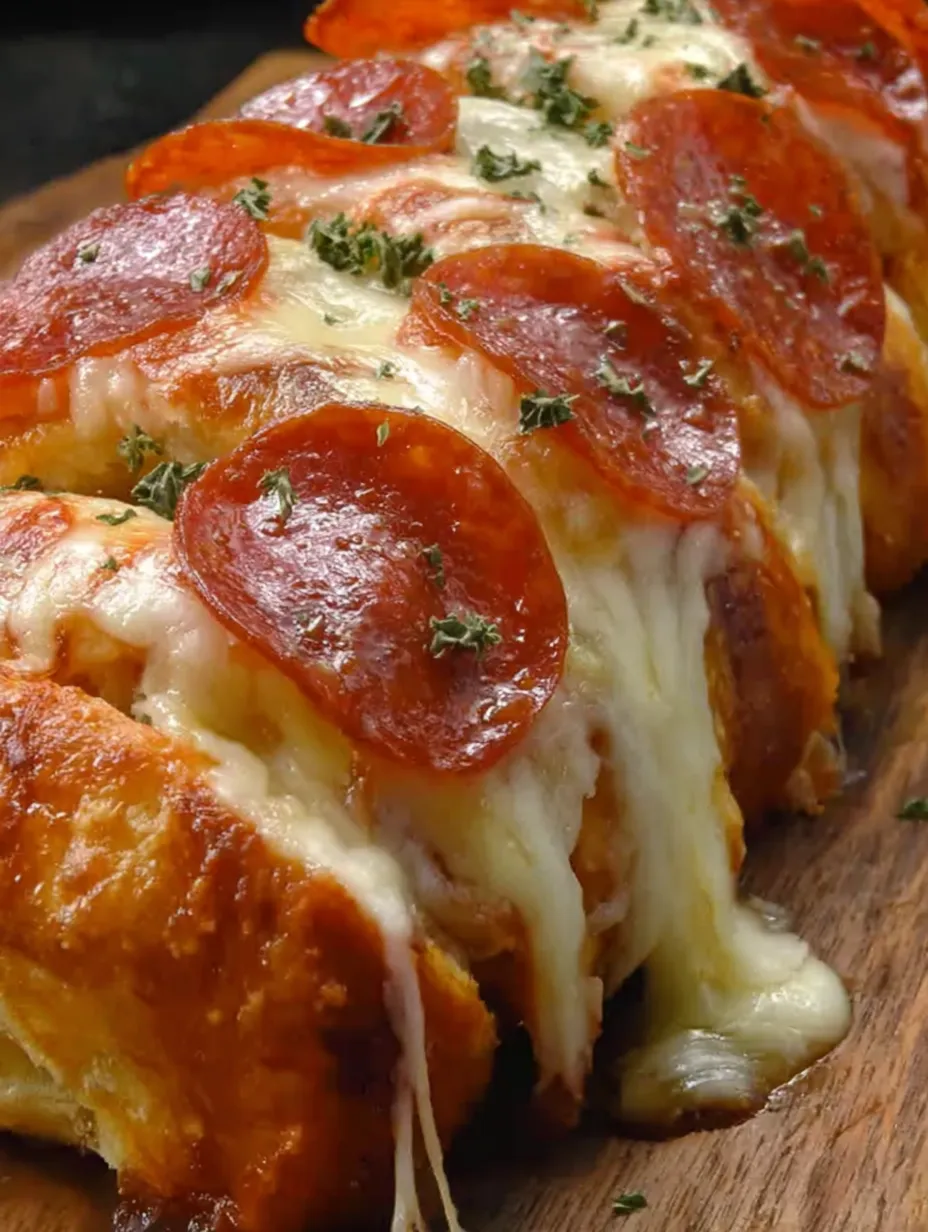 A cheesy pepperoni stromboli on a wooden board.