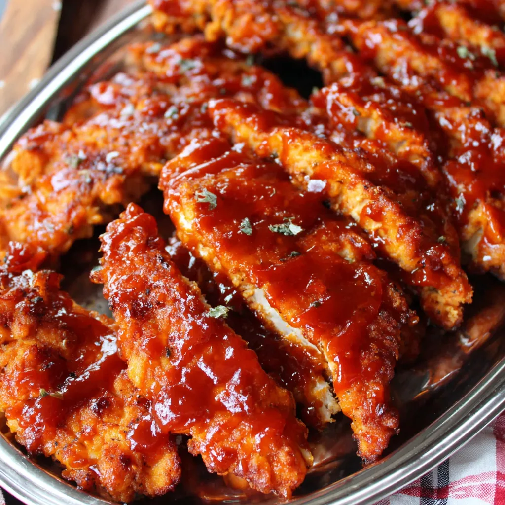A pan of honey BBQ chicken strips.