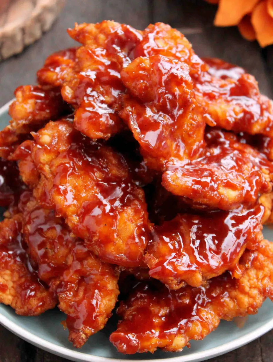 A plate of honey BBQ chicken strips.