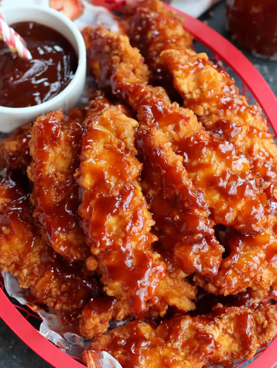 A plate of honey BBQ chicken strips.