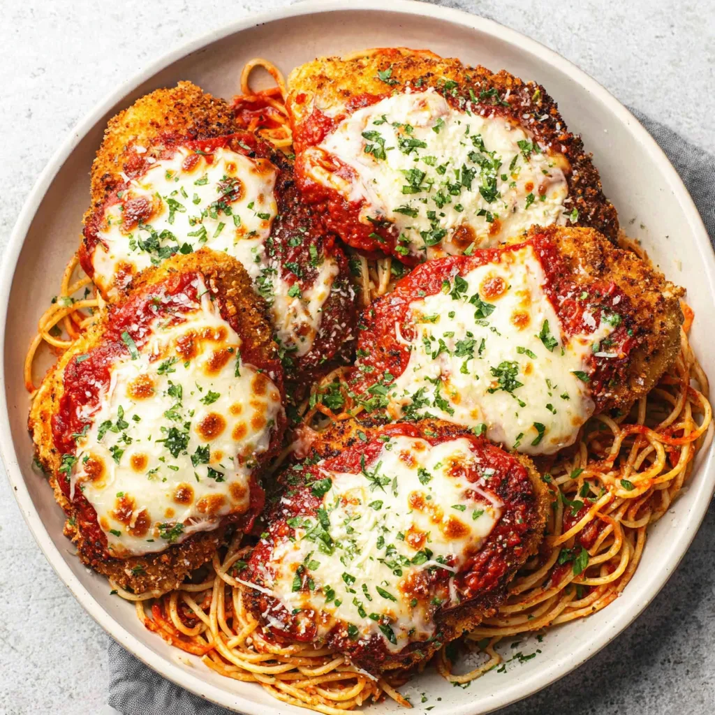 A plate of chicken Parmesan with spaghetti.