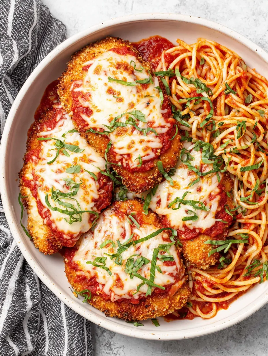 A plate of chicken parmesan with pasta.