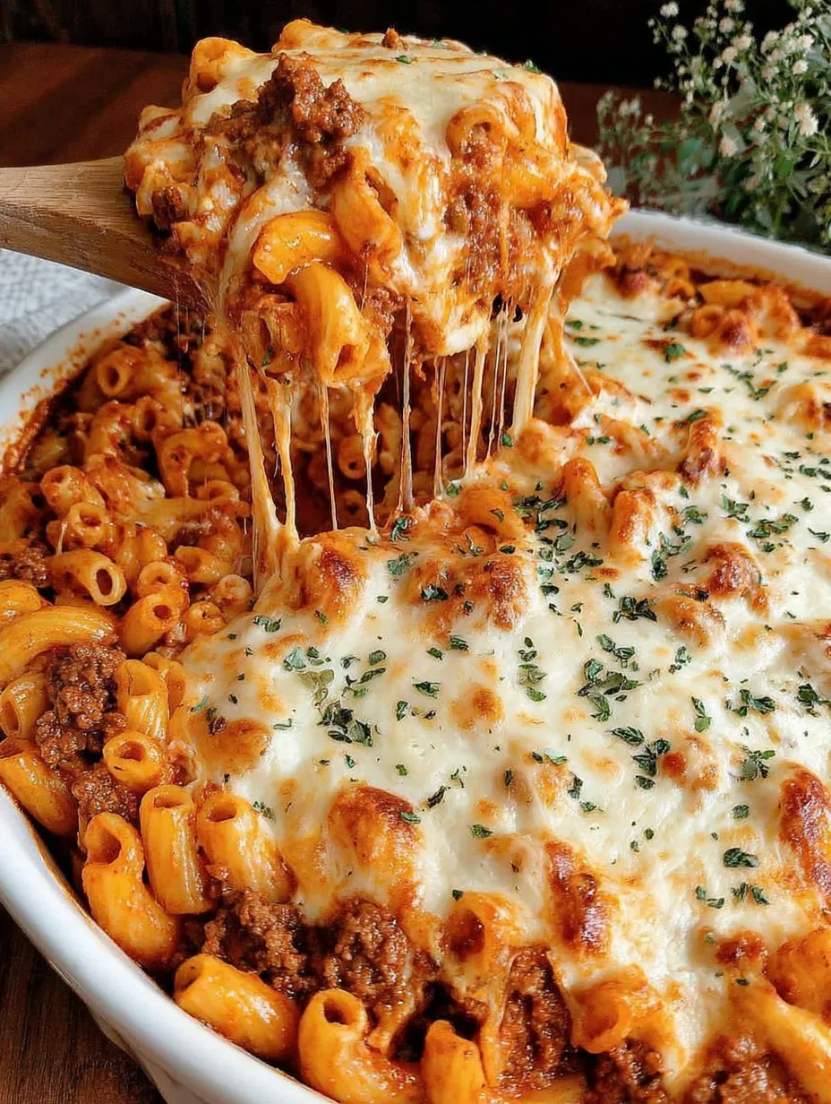 A delicious looking dish of pasta with cheese and meat.