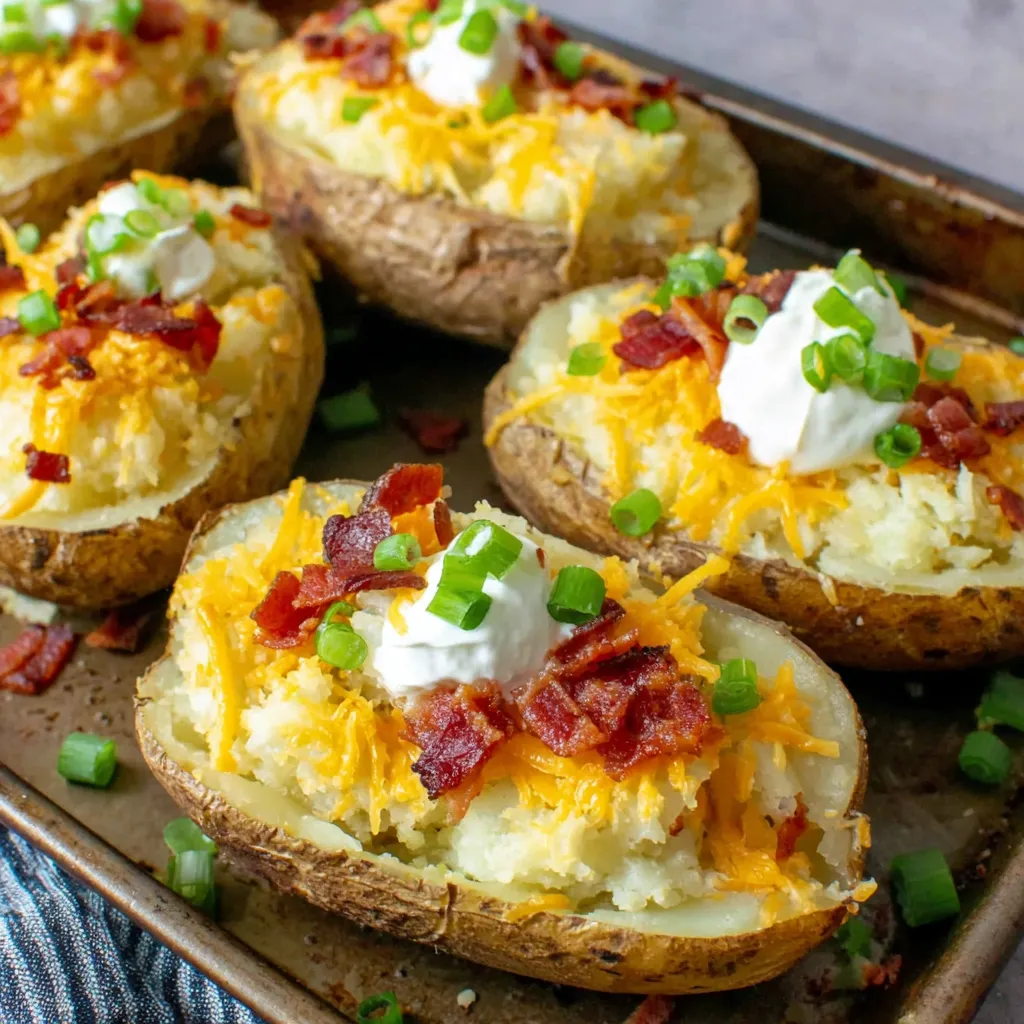 Twice baked potatoes with cheese and bacon.