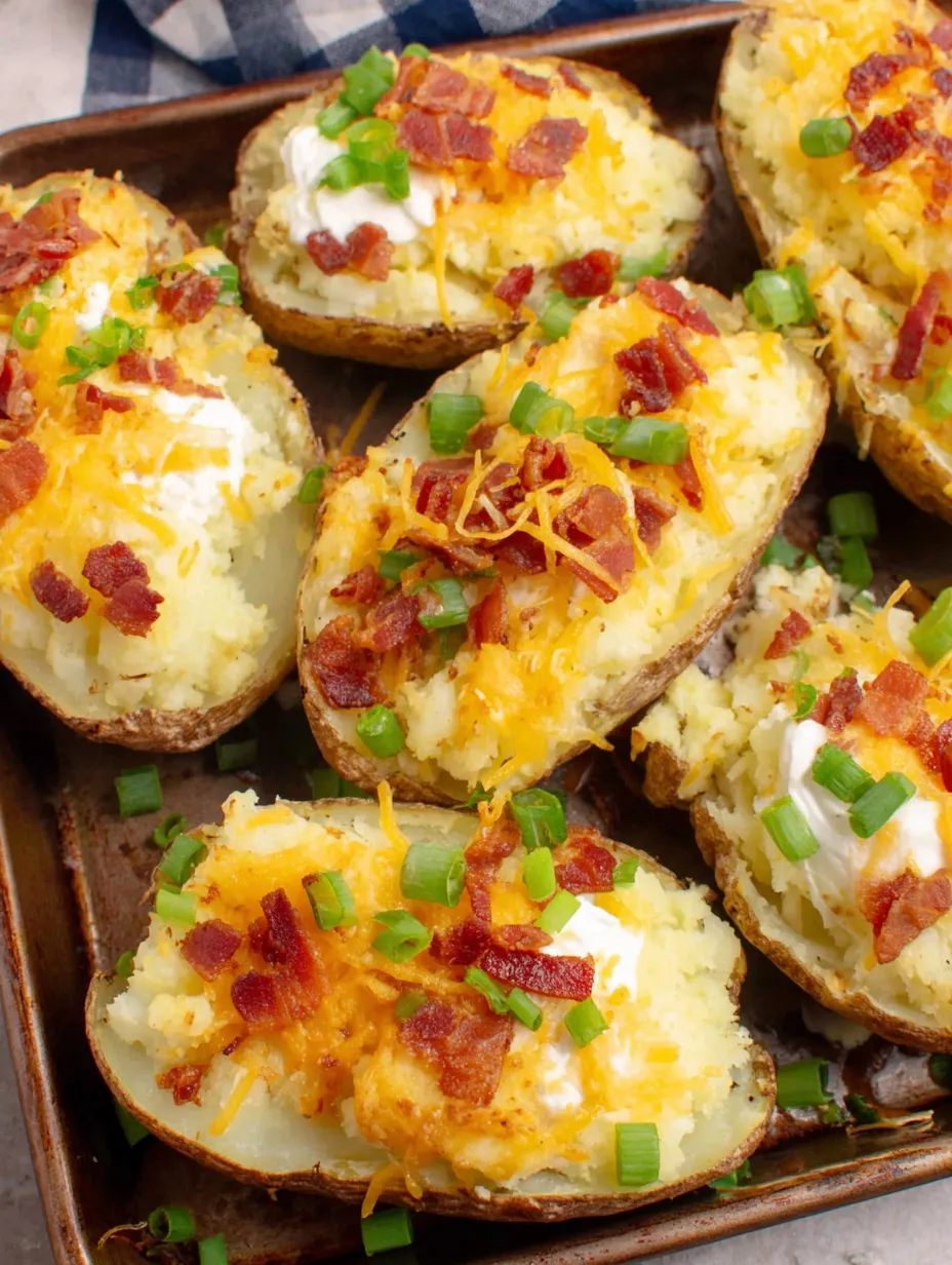 Twice baked potatoes with cheese and bacon.