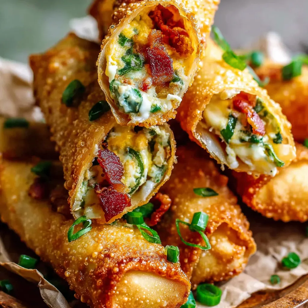 Bacon jalapeno popper egg rolls on a plate.