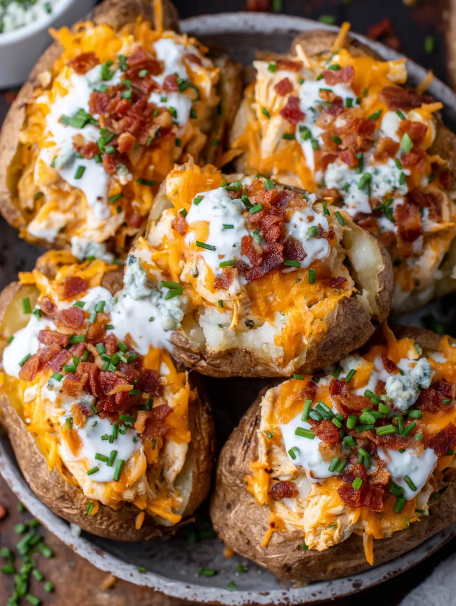 A plate of baked potatoes with bacon and cheese.