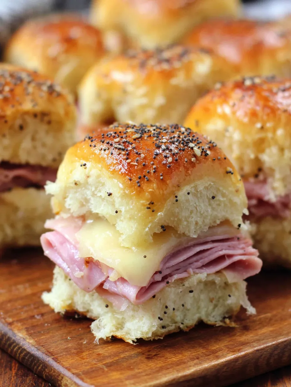 Two ham and havarti cheese sliders on a wooden platter.